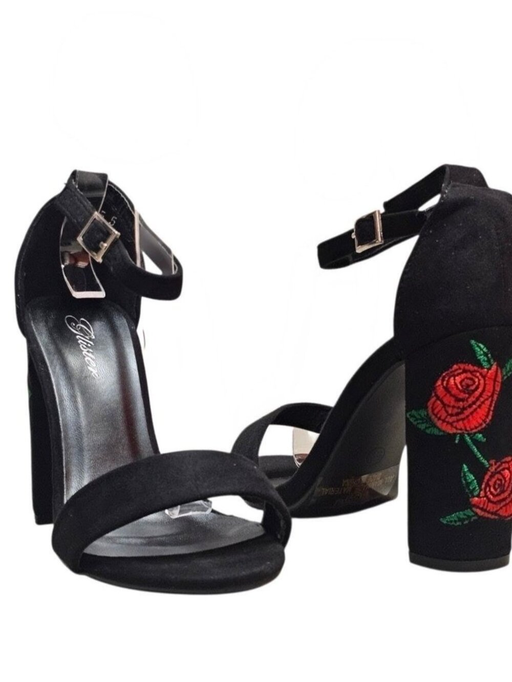 Black Faux Suede Block Heel Sandals With Rose Embroidery & Ankle Strap - Picture 8 of 13
